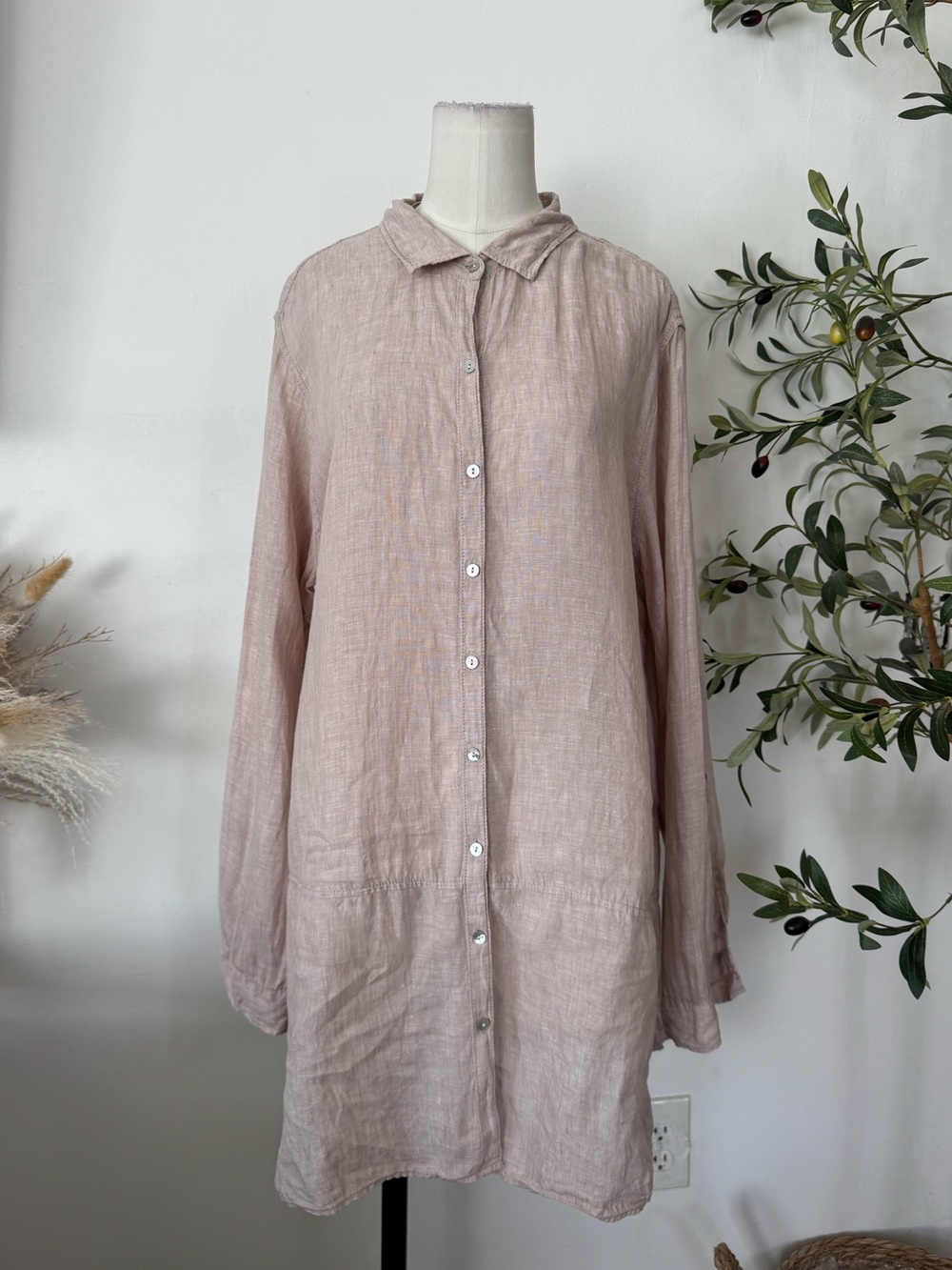 Tahari 100% Linen Tunic Blouse Shirt Pink Long Sleeve Button Down XL